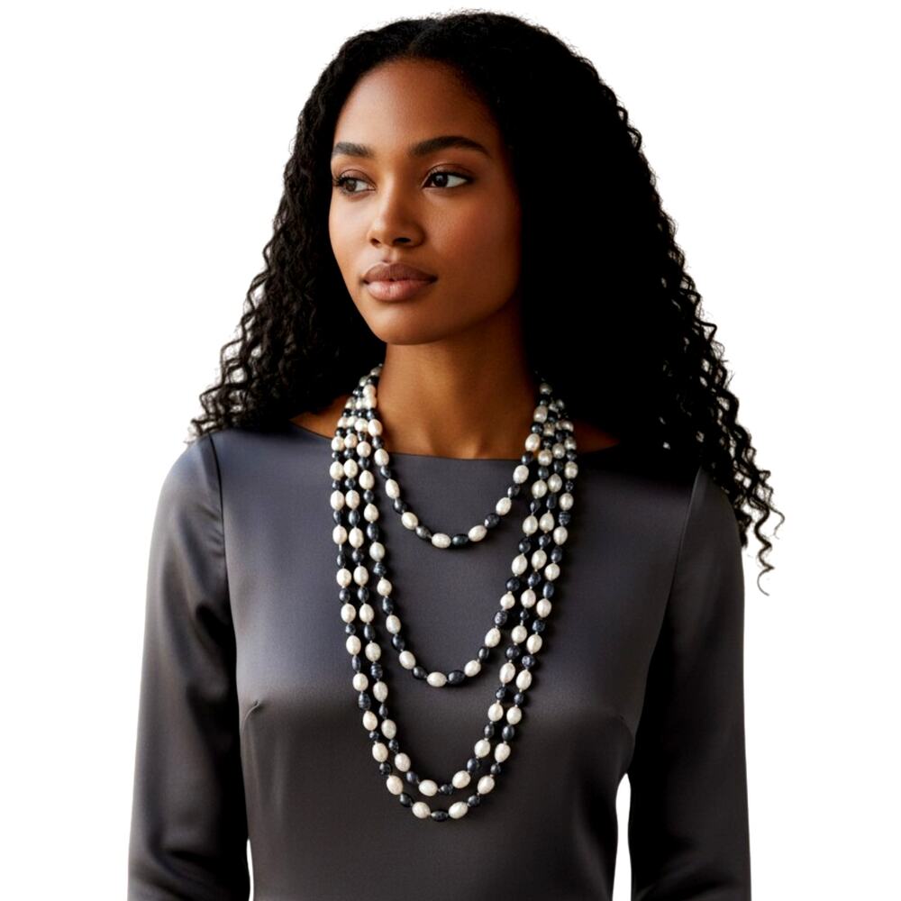 96" Genuine Freshwater Pearl Necklace Dark Blue & White Opera Strand